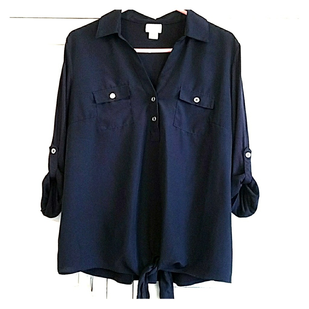 Jaclyn Smith Roll Sleeve Blouse Navy M